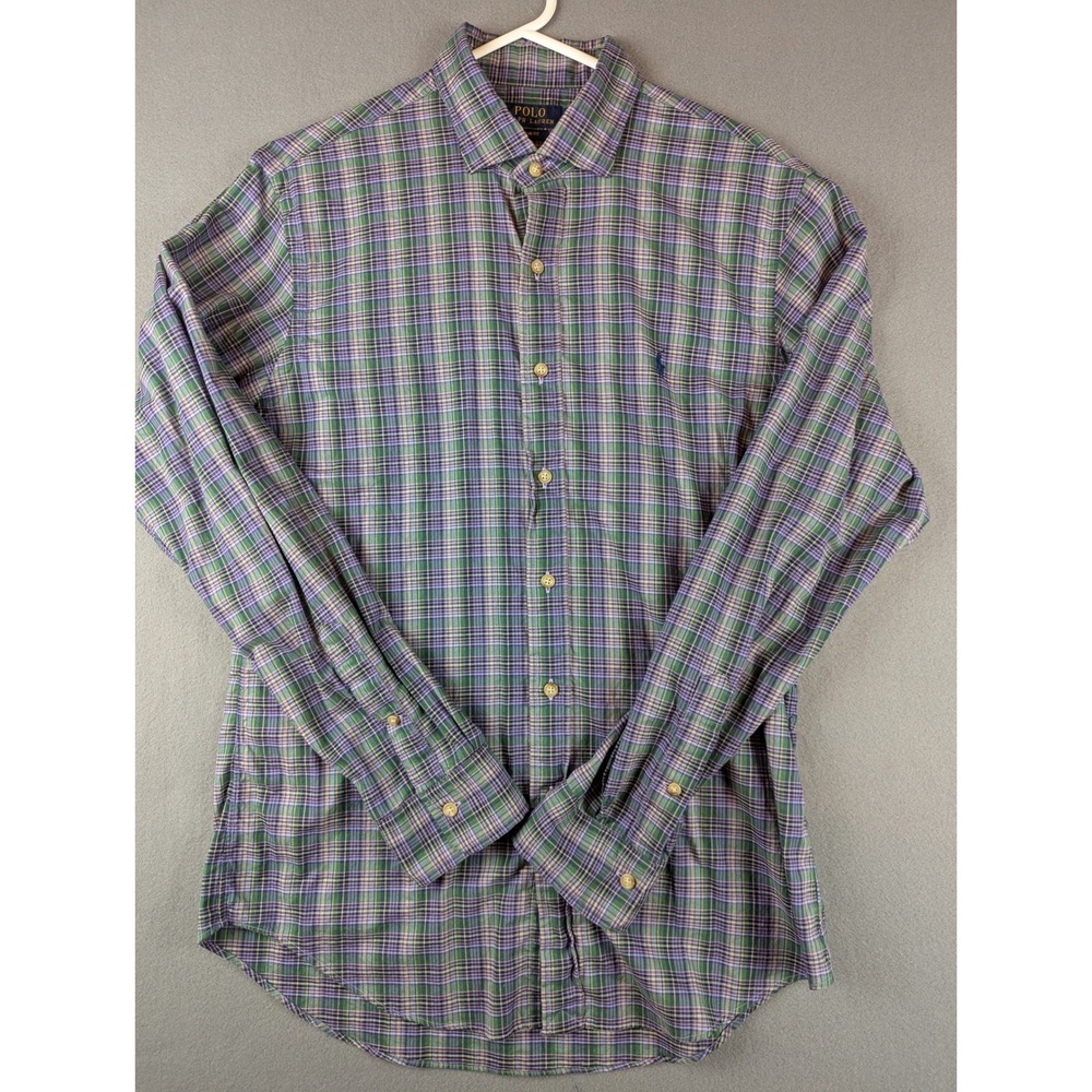 Polo Ralph Lauren Slim Fit Shirt Mens Large Green Purple Plaid Long Sleeve Pony